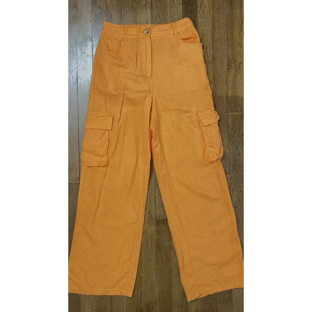 Women's Linen Blend Cargo BEACH Pants Size Medium Tangerine Lightweight Colorful